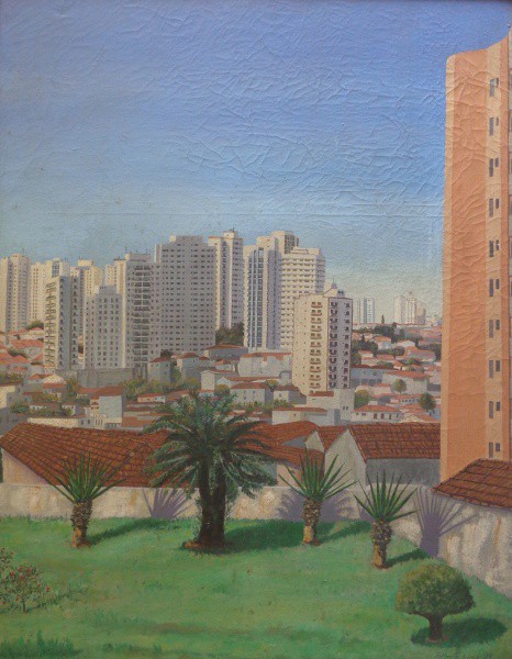 AM075, GILBERTO LIMA, óleo sobre tela, representando casario, medindo 70 x 90 cm.