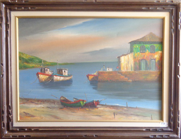 AM075, PEDRO OOKA, óleo sobre tela, "Barcos em Angra", medindo 70 x 50 cm.