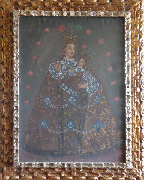 AM075, CUSQUENHO, século XX, óleo sobre tela, "Madonna com Menino Jesus", medindo 50 x 68 cm