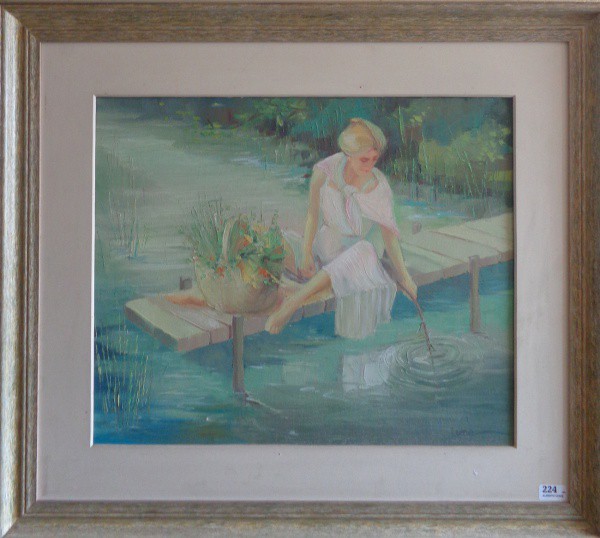 AM075, ALBERTO LUME, óleo sobre tela, representando paisagem com figura feminina, medindo 60 x 50 cm