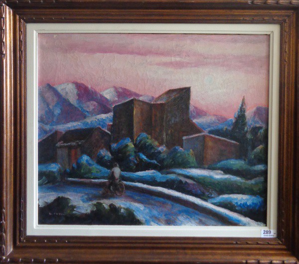 AM075, GUIDO TOTOLI, óleo sobre tela, representando paisagem com figura, medindo 59 x 49 cm.