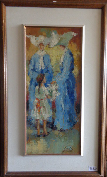 AM075, GILDA LISBOA, óleo sobre placa, representando figuras, medindo 24 x 54 cm.