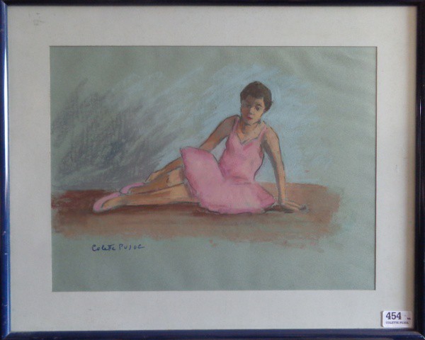 AM075, COLETTE PUJOL, pastel sobre cartão, representando bailarina, medindo 42 x 32 cm.