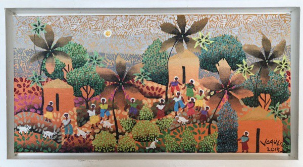 AM075, VAQUEIRO, óleo sobre tela, representando paisagem com figuras, medindo 32 x 16 cm.