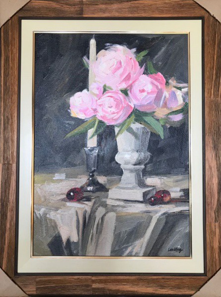 AM075, LEE WONG, óleo sobre tela colada em cartão, "Composição", medindo 30 x 41 cm.