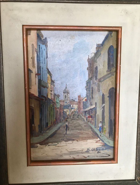 AM075, DJALMA URBAN, óleo sobre placa, representando casario com figuras, medindo 20 x 30 cm.