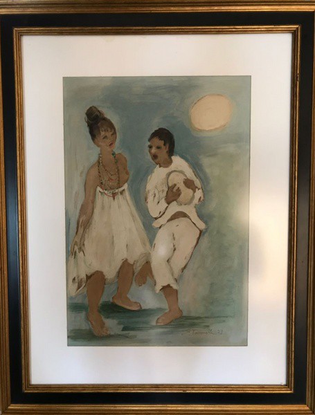 AM075, SOPHIA TASSINARI, pastel sobre cartão, representando sambistas, medindo 32 x 48 cm.