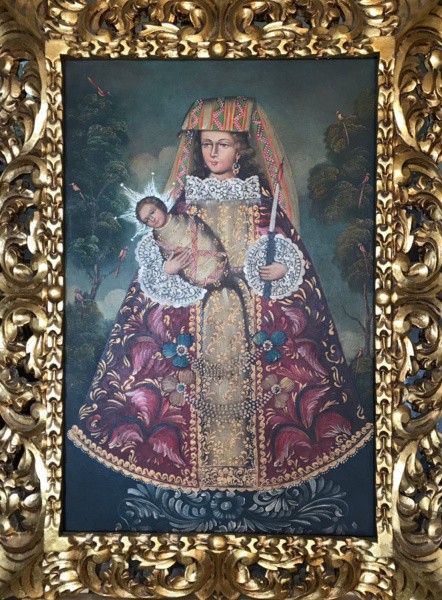 AM075, CUSQUENHO, óleo sobre tela, "Madonna com Menino Jesus", medindo 40 x 60 cm. Ricamente