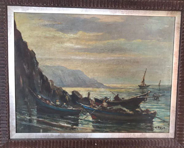 AM075, C. RUSSO, óleo sobre tela colada em placa, representando marinha com figuras, medindo 48 x 36