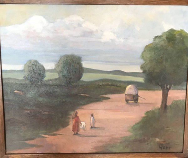 AM075, RENZO GÓRI, óleo sobre tela, representando paisagem com figuras, medindo 50 x 40 cm.
