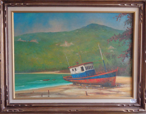 AM075, PEDRO OOKA, óleo sobre tela, "Barco em Reparo", medindo 70 x 50 cm.