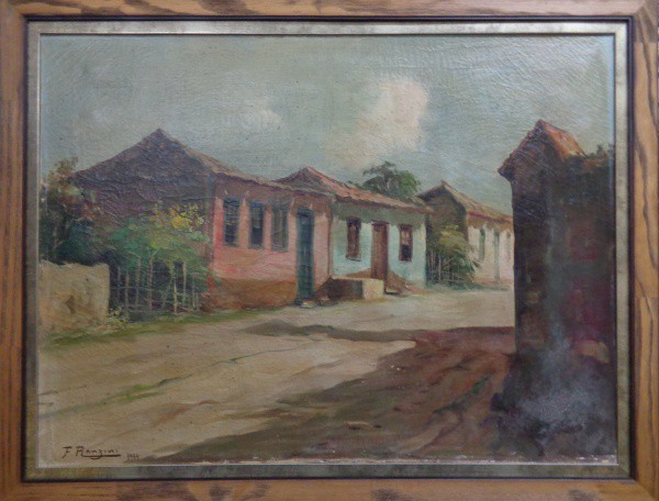 AM075, F. RANZINI, óleo sobre tela, representando casario, medindo 79 x 59 cm. Necessita pequenos re