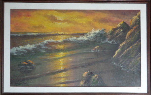 AM055, J. SOARES, óleo sobre tela, representando marinha, medindo 97 x 58 cm.