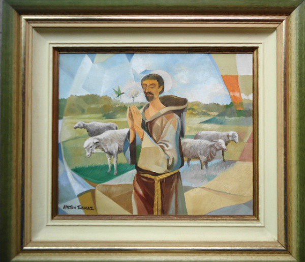 Aylton Thomaz - Óleo sobre tela -"São Francisco de Assis e o Colibri", assinado no canto inf