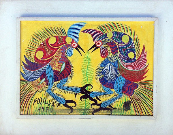 CHICO DA SILVA- BRIGA DE GALOS - REPRODUÇÃO- assinado e datado 1974. Med 48cm comp x 37cm alt c/ mol