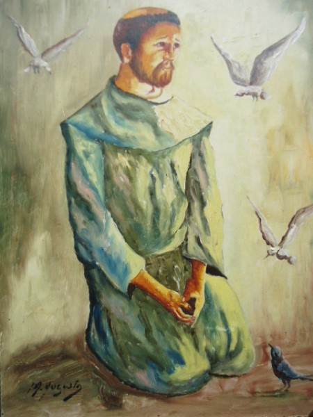 Maria Augusta - Óleo sobre eucatex, assinado no canto inferior esquerdo - "São Francisco e os Pá