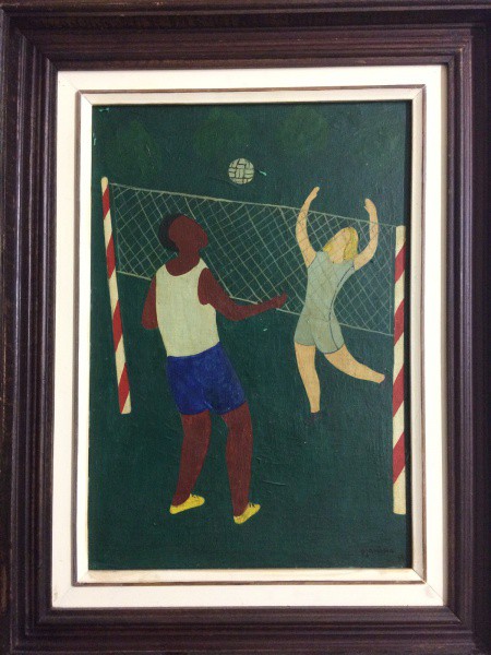 AM011, DJANIRA, óleo sobre cartão, representando jogadores de vôlei, medindo 33 x 47 cm. Necessita p