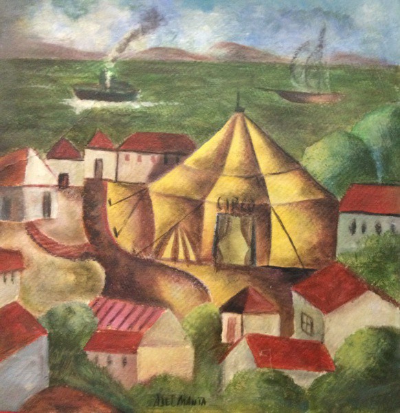 AM011, ABEL MANTA, óleo sobre cartão, representando circo, medindo 35 x 36 cm. Sem moldura.
