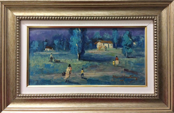 AM011, MANOEL SANTIAGO, óleo sobre madeira, representando paisagem com figuras, medindo 33 x 16 cm.
