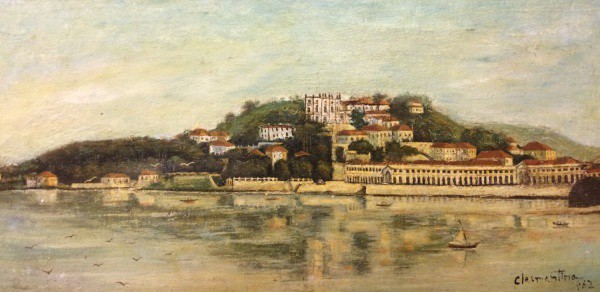 AM011, CLEMENTINA MANTA, óleo sobre tela colada em cartão, representando marinha, medindo 40 x 19 cm