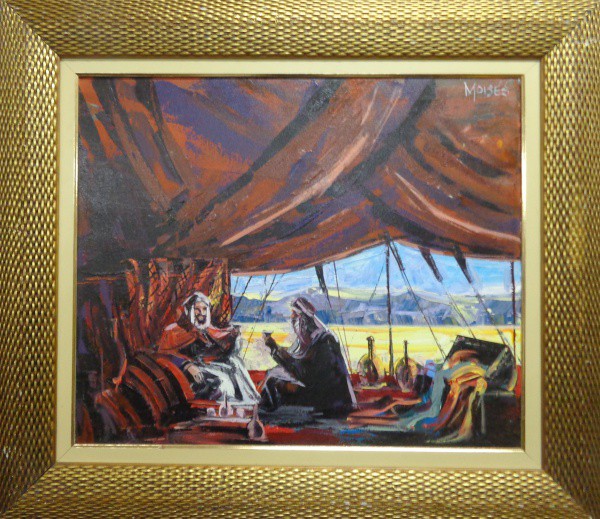 AM000, MOISÉS, óleo sobre tela, representando cena árabe, medindo 58 x 48 cm.