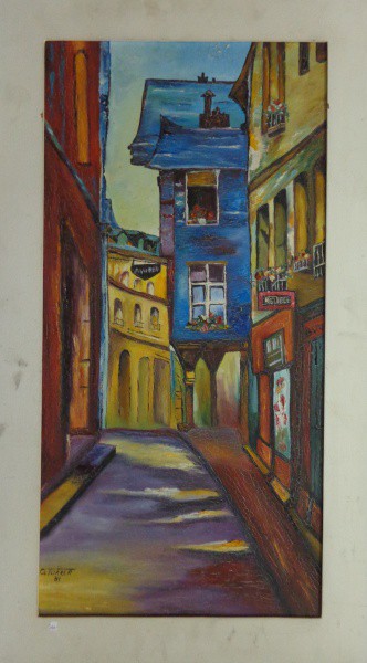AM000, O. TURRER, óleo sobre tela, representando casario, medindo 28 x 58 cm.