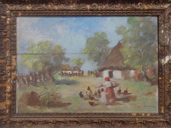 AM000, ASSINATURA ILEGÍVEL, óleo sobre tela, representando paisagem rural com figuras, medindo 53 x