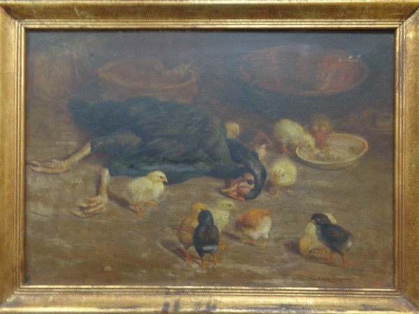 AM000, GUERINO GROSSO, óleo sobre tela, representando cena rural, medindo 54 x 37 cm. Contém restaur