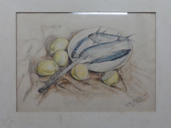 AM000, K. KIMOTO, técnica mista sobre cartão, representando natureza morta, medindo 62 x 45 cm.