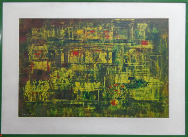 AM000, ASSINATURA ILEGÍVEL, óleo sobre placa, representando interior com figuras, medindo 72 x 47 cm