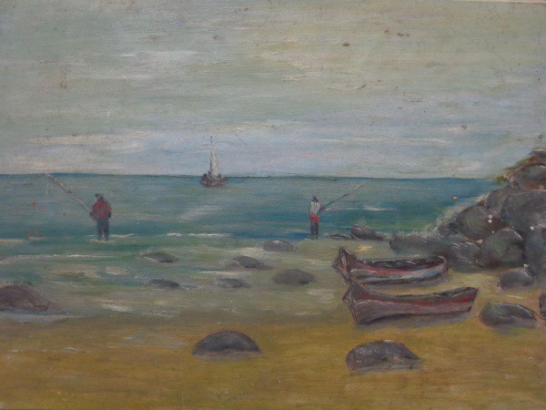 AM000, SEM ASSINATURA, óleo sobre placa, representando marinha com figuras, medindo 34 x 25 cm. Sem