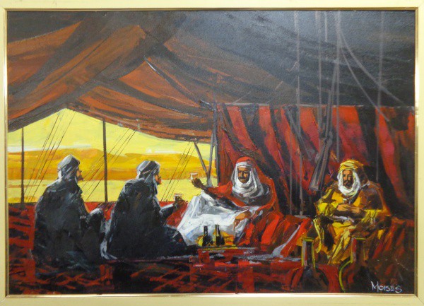 AM000, MOISÉS, óleo sobre tela, representando cena árabe, medindo 99 x 69 cm.