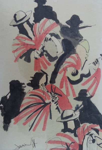 AM019, ASSINATURA ILEGÍVEL, técnica mista sobre cartão, representando músicos, medindo 20 x 30 cm. S