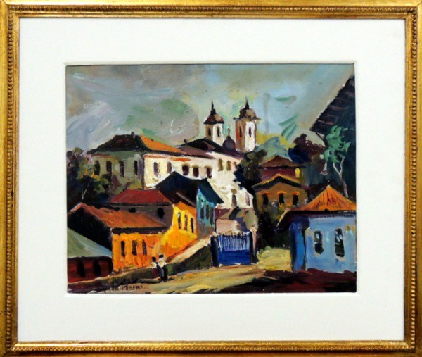Durval Pereira, "Casario com Igreja" - óleo sobre placa - med. 30 x 38 cm
