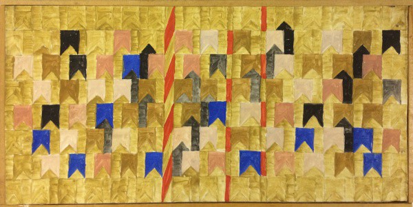 AM017, A. VOLPI, têmpera sobre cartão, representando mastros e bandeirinhas, medindo 37 x 18 cm. Aco