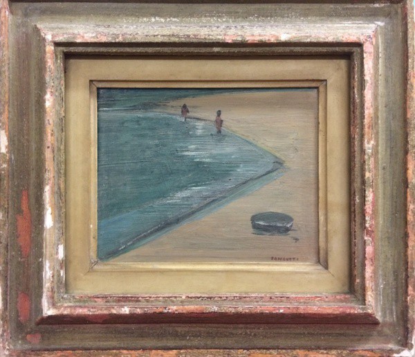 AM003, PANCETTI, óleo sobre madeira, representando marinha com figuras, medindo 23 x 18 cm.