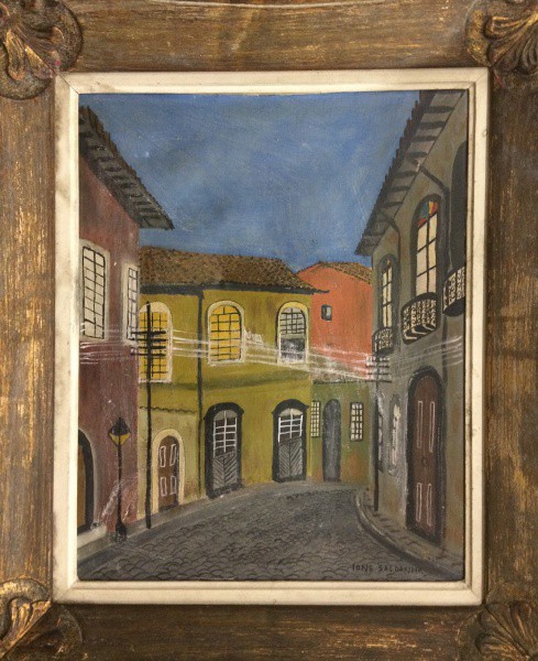 AM003, IONE SALDANHA, óleo sobre tela, representando casario, medindo 39 x 48 cm.