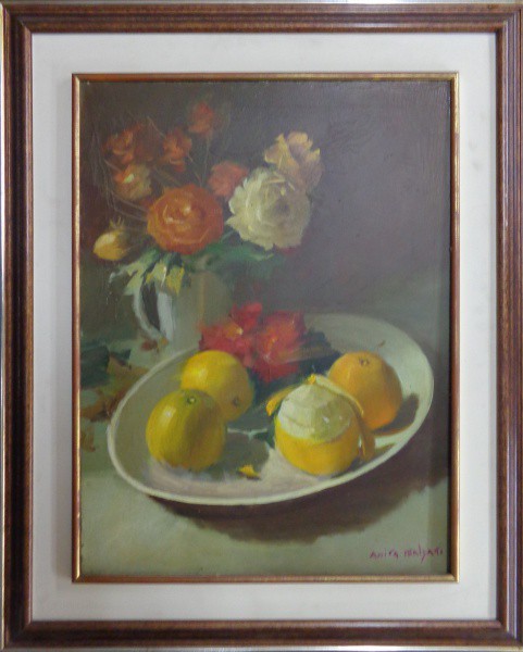 AM033, ANITA MALFATTI, óleo sobre tela, "Natureza Morta com Frutas e Flores", medindo 47 x 6