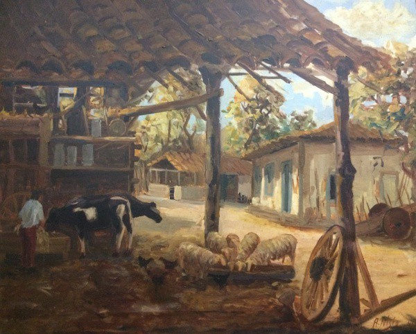 AM002, A. NISIO, óleo sobre tela, representando paisagem com figuras, medindo 50 x 60 cm. Sem moldur