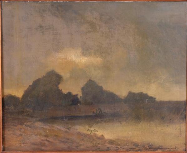 Sem assinatura - "Paisagem com figuras e lago" óleo sobre tela, 55,5 x 68 cm.