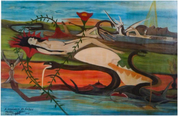 PLEBEO, Roldney. A essência do saber. Assinado no CIE. Óleo sobre tela. Medida total 100X70.