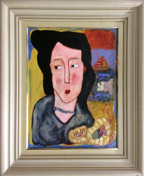 AM002, ASFADUROFF NIBBES, óleo e encáustica sobre tela, "Le Femme Aver Rots", medindo 29 x 3