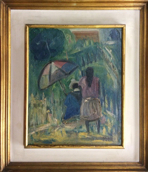 AM002, MARIO ZANINI, óleo sobre tela, representando figuras, medindo 32 x 40 cm.