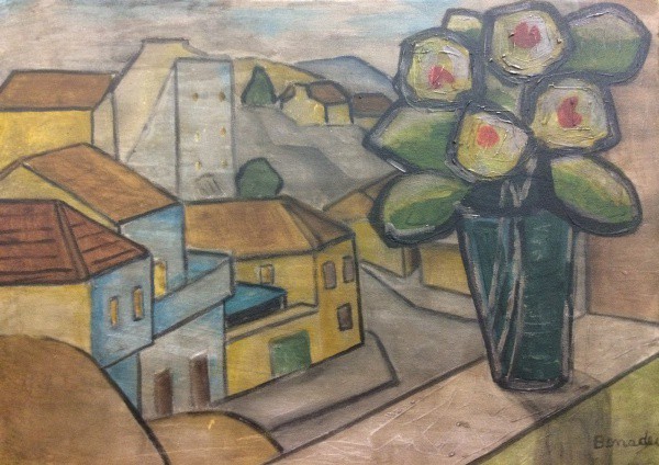 AM002, BONADEI, óleo sobre tela, representando vaso com flores, medindo 32 x 46 cm. Sem moldura.