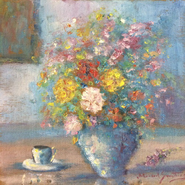 AM002, MANOEL SANTIAGO, óleo sobre placa, representando vaso com flores, medindo 25 x 25 cm. Sem mol