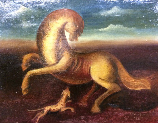 AM002, TERUZ, óleo sobre tela, representando cavalo e cachorro, medindo 35 x 27 cm. Sem moldura.