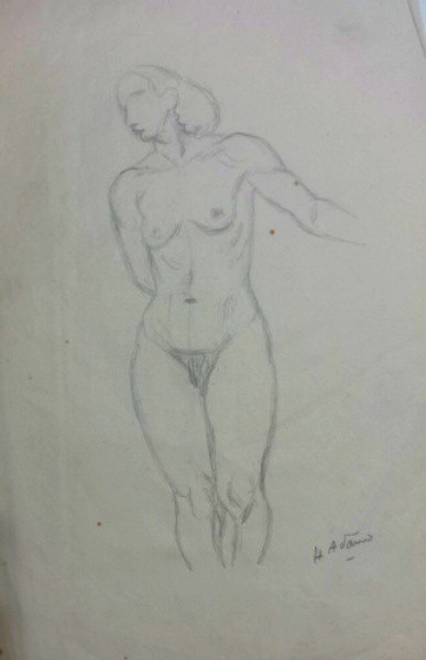 Hugo Adami - Desenho original - "Nú Feminino", assinado no canto inferior direito. Obra sem