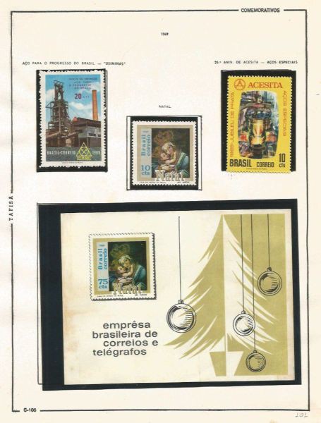 Selos do Brasil - Parte de uma Coleção de Selos do Brasil - 3 Selos e 1 Bloco Comemorativos - 1969