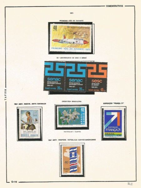 Selos do Brasil - Parte de uma Coleção de Selos do Brasil - 9 Selos Comemorativos - 1971