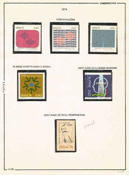 Selos do Brasil - Parte de uma Coleção de Selos do Brasil - 6 Selos Comemorativos - 1974